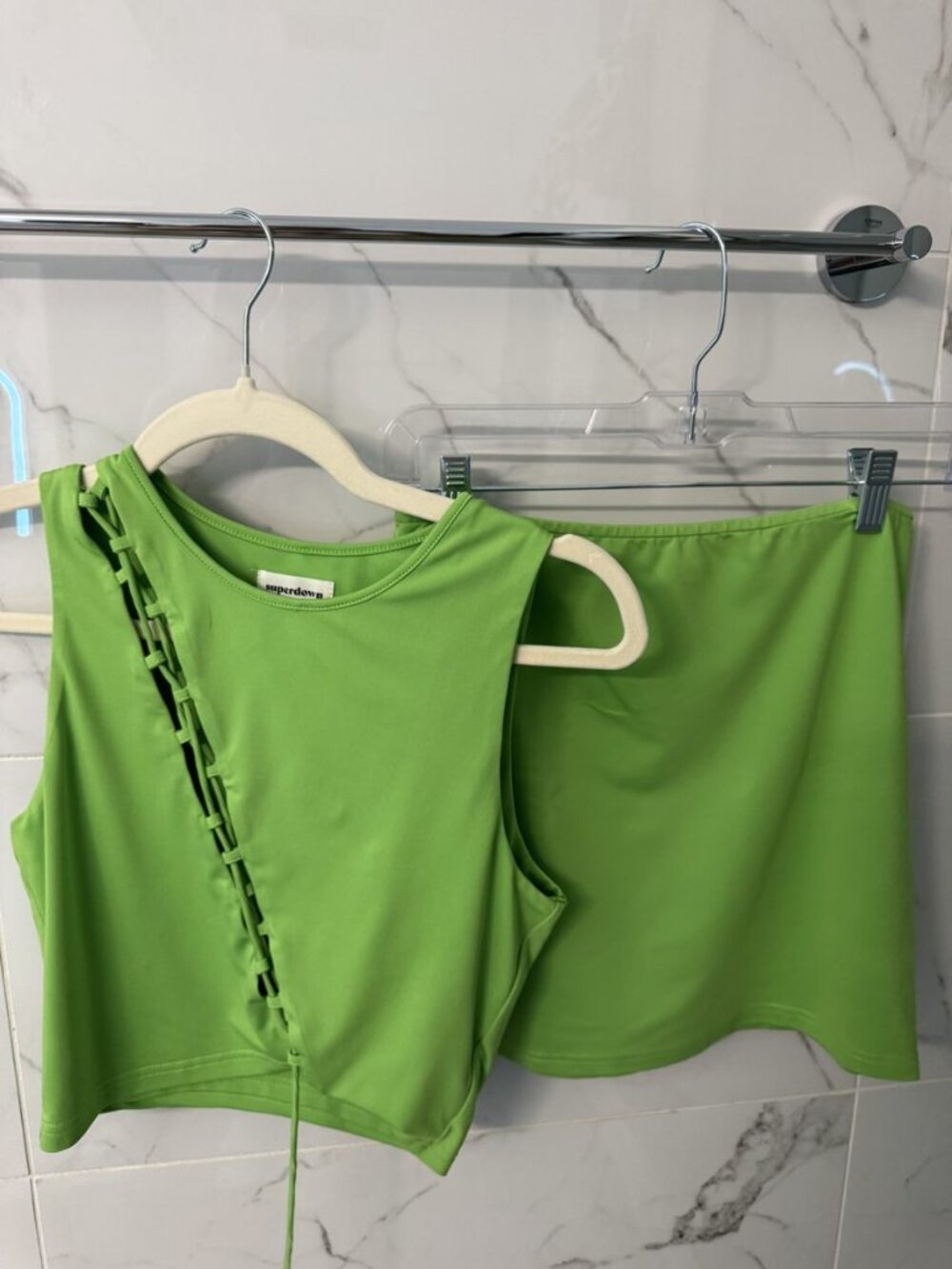 superdown Lime Green Two Piece Set Lace Up Crop Tank S + Mini Skirt M